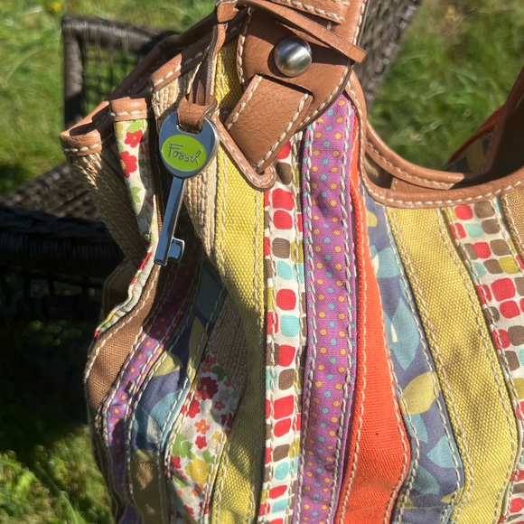 Miriam’s Fossil Patchwork Stripe Hobo 💚🧡💛Purse Bag Tote W/Leather Trim 👜 - Picture 6 of 12